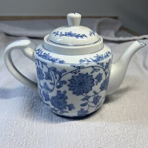 Vintage Blue And White Floral Teapot With Lid About 8.5"Lx5"H